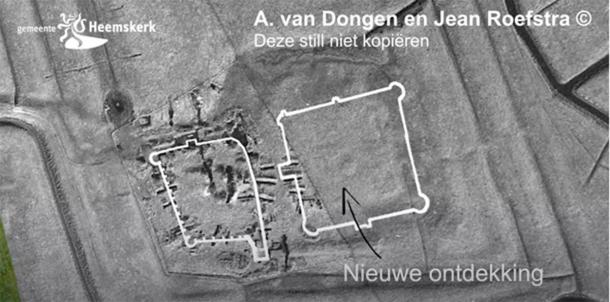 La imagen producida mediante magnetometría e inducción electromagnética reveló los cimientos del antiguo castillo holandés recientemente descubierto. (Captura de pantalla de Gemeente Heemskerk/YouTube)
