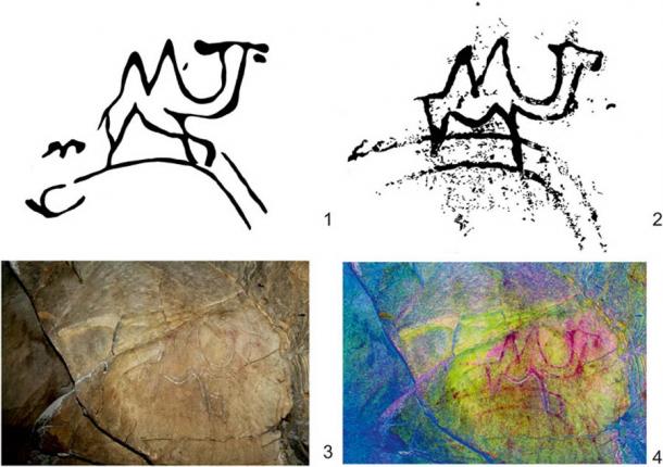 A purported Paleolithic image of a “giant camel” in the Khoid Tsenkheriin Agui Cave, where the bones of the extinct giant camel species were also found. (Frontiers in Earth Science)