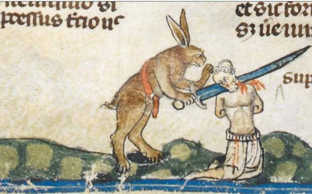 There are an astonishing number of killer rabbits in medieval scrolls!  Rabbit killer in Smithfield Decretals, c.  1300, British Library, London, UK.  the details.  (British Library / CC BY 4.0)