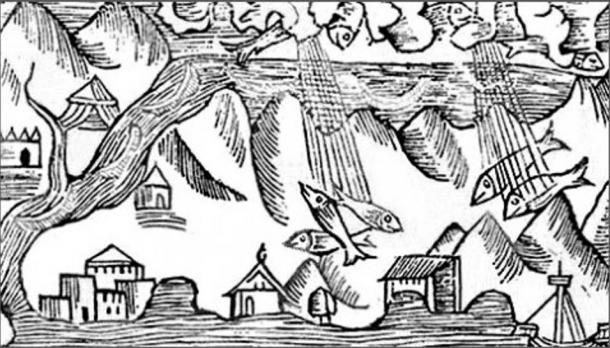1555 engraving of raining fish.