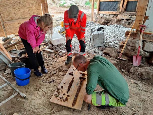 A rare to discovery of Viking sword and Viking graves. Expert and homeowners examine the find. (Joakim Wintervoll/Science Norway)