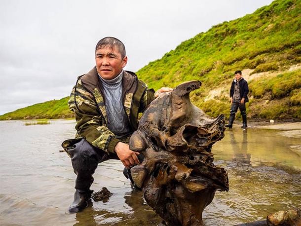 Parte de los restos del mamut siberiano recientemente descubiertos y dos miembros de la comunidad indígena local que fueron los primeros en detectar el hallazgo. (Imagen: Artem Cheremisov/Siberian Times)