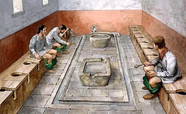 Hadrian Duvarı'ndaki Housesteads Roma kalesindeki (Vercovicium) ortak tuvaletlerin yeniden yapılanma çizimi. Bu site şimdi İngiliz Mirasının (2010) korumasındadır.
