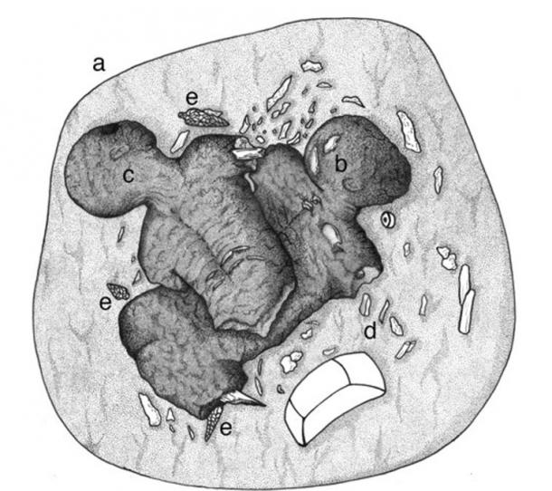 Artist’s reconstruction of Burial PP7TT-01: (a) outline of cremation pit; (b) Individual 1B; (c) Individual 1A; (d) sherd fragment; (e) obsidian points. 