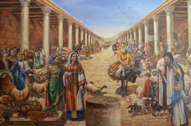 Artist’s reconstruction of life in a Roman cardo of Jerusalem during the Aelia Capitolina period.