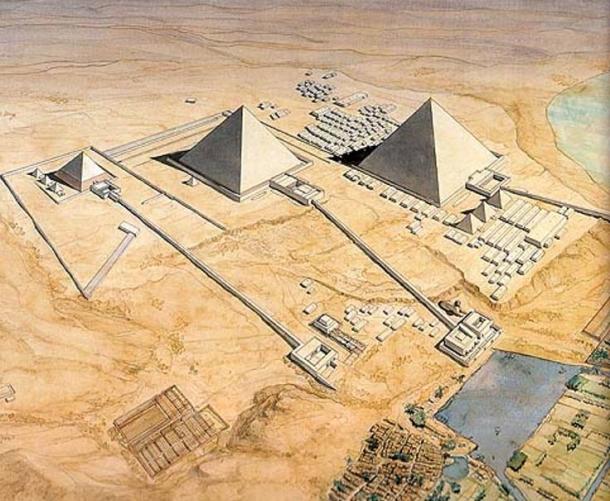 Reconstrucción artística de las pirámides de Giza, que muestra las largas calzadas adjuntas a cada complejo.