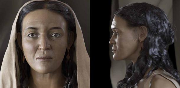 Vista frontal y lateral de la revolucionaria reconstrucción facial de una mujer nabatea, llamada Hinat, cuyos restos fueron descubiertos en una tumba en las afueras de Hegra, en Arabia Saudita. (Comisión Real para AlUla)
