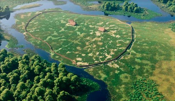 3D reconstruction of the enclosure of Le Peu and its environment from archaeological data. (© Archeovision Production 2018/ Antiquity Publications Ltd)