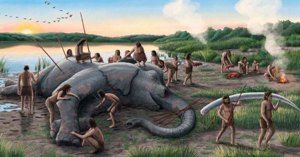 Artist's reconstruction of a group of Neanderthals butchering a straight-tusked elephant (Palaeoloxodon antiquus). (It is unknown whether Neanderthals wore any type of clothing, so the depiction reflects artistic license). ( Alex Boersma/PNAS)