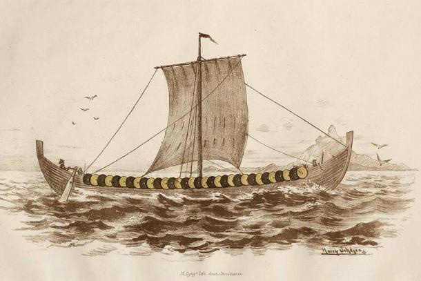 A reconstructive drawing of the Gokstad long ship from Nicolaysen’s 1882 publication. Drawing by Harry Schøyen. (Rolf Fabricius Warming / CC BY-NC-ND 4.0)