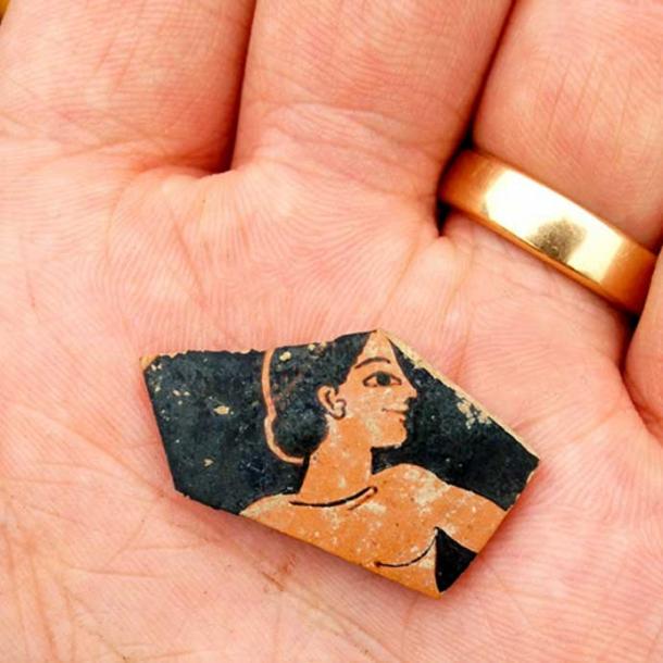 Fragment of red-figure pottery discovered at the site. It is from the late 6th century BC and probably by Attic painter Paseas.