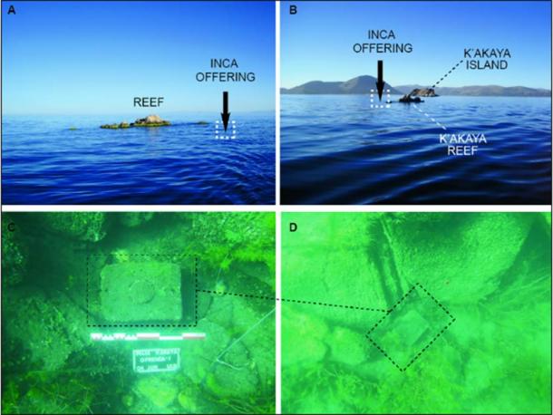 View of the K’akaya reef and position of the offering (A) and location with respect to K’akaya Island (B); the offering in situ (C–D) ( C. Deaere / Antiquity Publications Ltd)