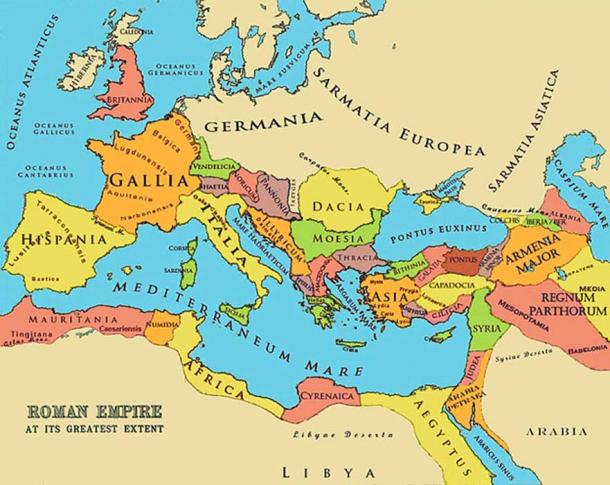 A referenced map of the Roman Empire at its greatest extent.