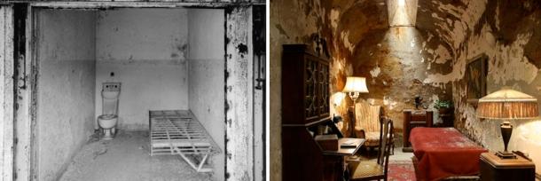 Izquierda: Una celda normal en la Penitenciaría Estatal del Este. Derecha: la celda de Al Capone.