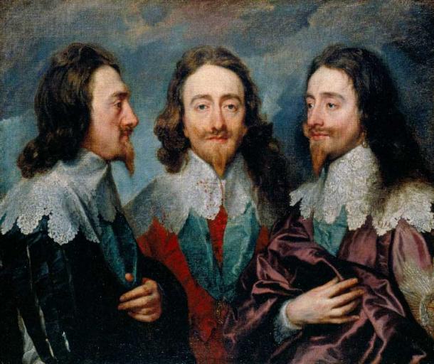 The reign of the King Charles I led to an end of the monarchy in 1649, before it was re-established in 1660 with his son, King Charles II. King Charles I shown in three positions (Public Domain)
