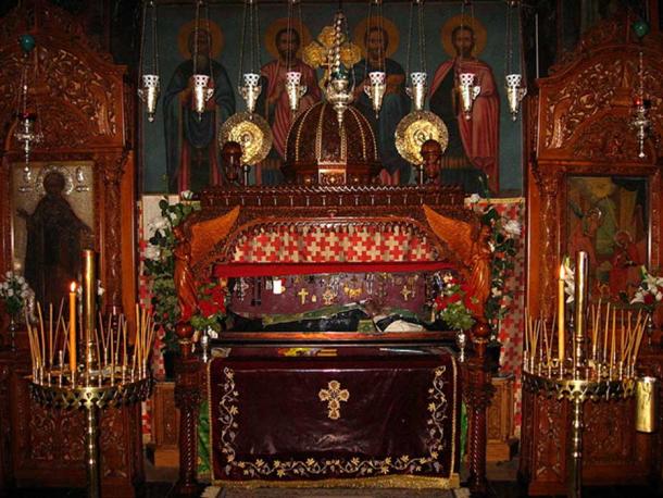 The relics of St. Sabbas in the Catholicon (main church) of Mar Saba monastery, West Bank.