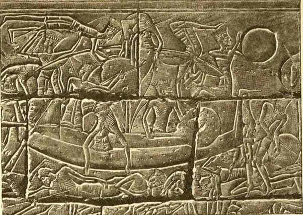 A large relief from the north wall of Medinet Habu, shows the Egyptian navy fighting the Sea Peoples during the reign of Ramesses II. (Public Domain)