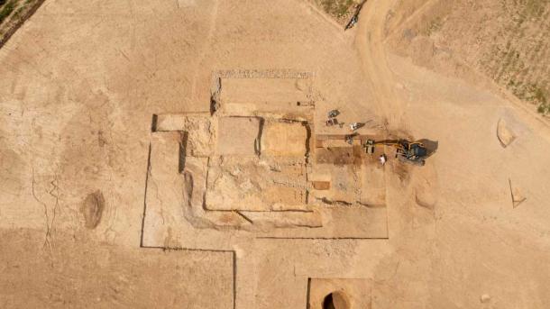An aerial view of the Gallo-Roman religious complex found at Rennes in northwestern France, which was home to two temples, a bathing area, and columned galleries on two sides. (Emmanuelle Collado / INRAP)
