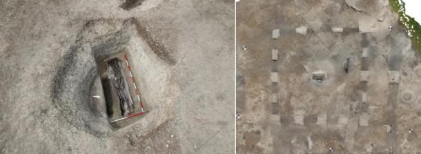 The remains of a Roman burial were found in a square enclosure. The skeleton was located in a coffin lined with lead and what was once a wooden outer layer