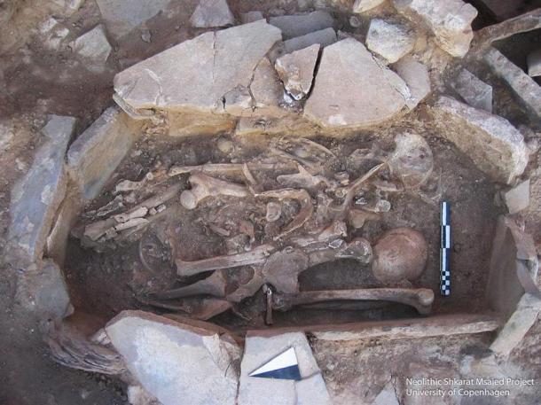 The remains of multiple individuals were buried together inside the home. Credit: Moritz Kinsel, Shkārat Msaied Neolithic Project, University of Copenhagen.