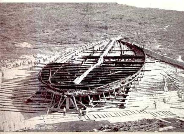 The remains of the hull of one of the two ships recovered from Lake Nemi. Workers in the foreground give an indication of scale.