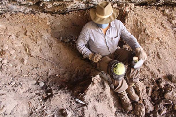Excavating the remains of the pelvis.
