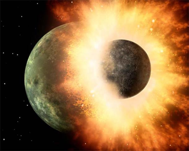 An artist's rendering of the hypothetical impact of a planet like Theia and Earth. (Public Domain)