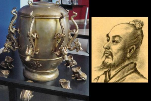 A replica of an ancient Chinese seismoscope from the Eastern Han Dynasty (25-220 A.D.), and its inventor, Zhang Heng.