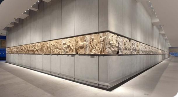 View of the replica west and south frieze of the Parthenon.