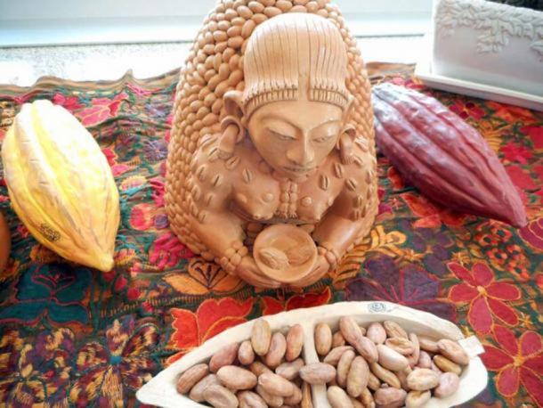 A replica figurine of the Maya Goddess of Cacao named Ixcacao. Sculpted by Patricia Martin at Muna, Yucatan. (Brigham Young University)