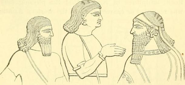 A drawing believed to represent Assyrians (a beardless eunuch in middle)