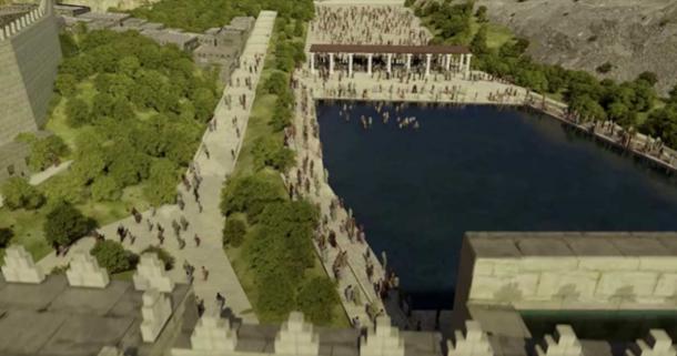 Una representación CGI del estanque de Siloé como se vería alguna vez. (Captura de pantalla de la Autoridad de Antigüedades de Israel)