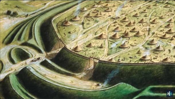 A representation of Danebury Hill fort taken from a screenshot from the youtube video: Ancient Skeletons Reveal Secrets of Britain’s Most Spectacular Hillfort (History Hit/Youtube)