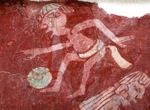 Small detail of a reproduction of a mural at the Tepantitla complex of Teotihuacan depicting a ball player 