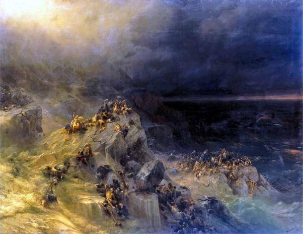 New research shows some people, astoundingly, survived the devastating Doggerland tsunami event. People moving to higher ground in ‘Deluge’ by Ivan Ayvazovsky, 1864. (Public Domain)