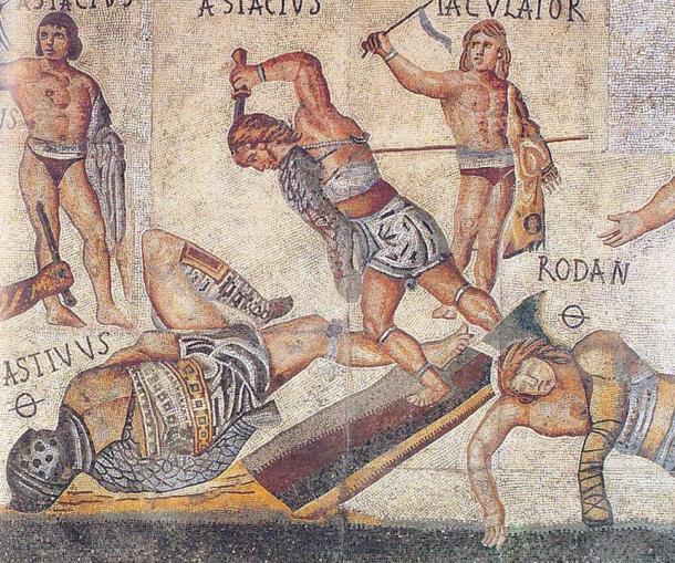 A retiarius attacks his downed opponent, a secutor, with a dagger in this scene from a mosaic from the Villa Borghese.