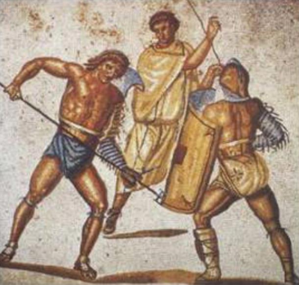A retiarius stabs at a secutor with his trident in this mosaic from the villa at Nennig, Germany, c. 2nd–3rd century AD. 