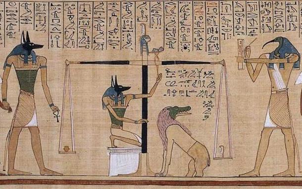 Perhaps the most famous scene in the Book of the Dead, the “Weighing of the Heart” ritual, performed by Anubis and recorded by Thoth, on the right. The heart of the supplicant (red) is placed on the Scales of Ma’at, or the “Scales of Justice” to be weighed against a feather of truth. If a person’s heart was “heavy” with unrighteousness, it was devoured by Ammit, the crocodile-headed hybrid monster. If “light” with purity, then the individual would live forever. This connection between the heart and righteousness was an ancient Egyptian feature and remains a modern Jewish one. From the Papyrus of Hunefer, now in the British Museum. (Public Domain)