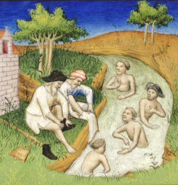 Bathing in rivers was quite common when private and public bath access was limited. Illustration circa 1410. (Guillaume de Boldensele / Public domain)