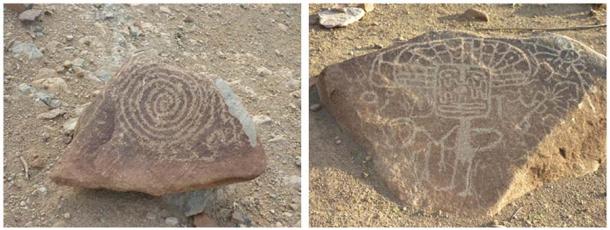 The relationship of the spiral symbol with the gods in a set of blocks with petroglyphs near Monte Patria, in the Coquimbo Region, in Chile. Left: A spiral symbol. Right: A Viracocha, with a great headdress (Rafael Videla Eissmann)A picture containing text  Description automatically generatedRepresentations of spirals in temples of Babylon, India and Cuzco, respectively. The spiral symbol is associated with the forces of light in motion. (Rafael Videla Eissmann)