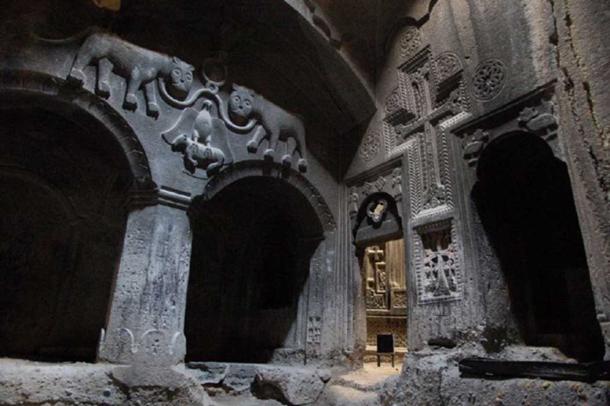 A rock-cut chamber within the temple of Geghard, 13th century Armenian monastery.