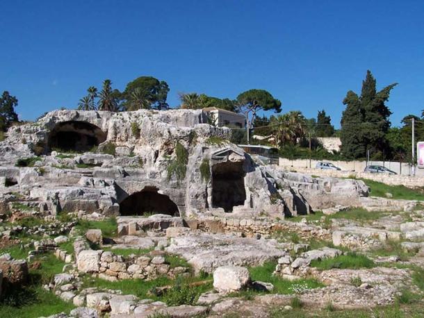 This rock-hewn tomb at Syracuse, reportedly that of Archimedes, is of a type found near the sundial in Gela, Sicily. 