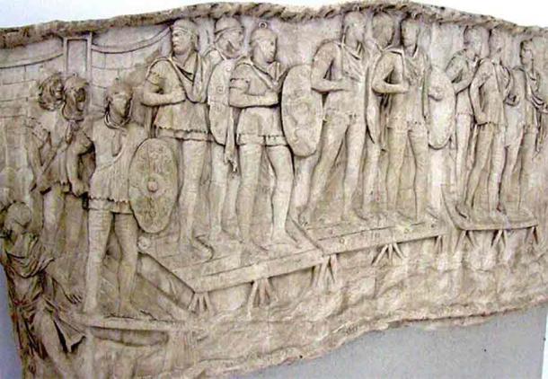 Roman auxiliary infantry crossing a river, probably the Danube, on a pontoon bridge. Romanian National History Museum (CristianChirita/CC BY-SA 3.0)