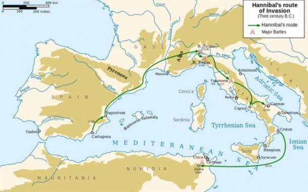 Hannibal's route of invading Italy. (Abalg and Pinpin map/ CC BY SA 3.0)