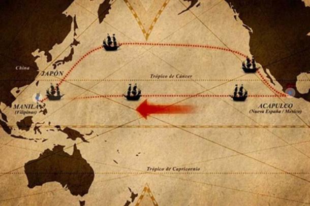 Map showing the routes between Manila and Acapulco.