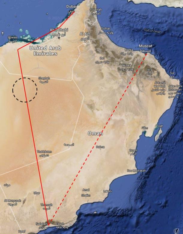 Intended route (dashed line) and presumed actual route (solid line), and approximate area the pilot saw a “ruined city” (black circle).