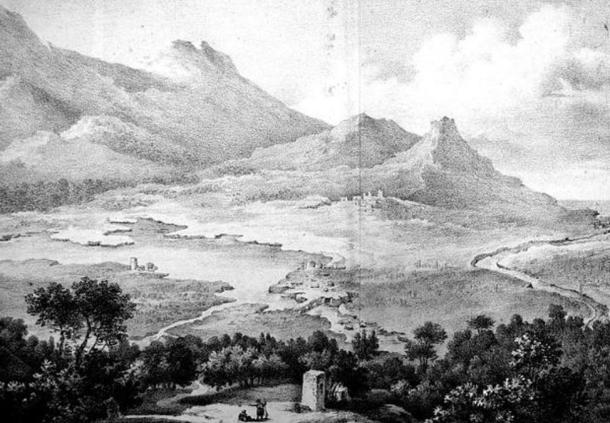 The ruins of Amphipolis as envisaged by E. Cousinéry in 1831: the bridge over the Strymon, the city fortifications, and the acropolis. 