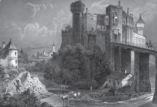 Las ruinas del castillo de Corvin en 1865. (Dominio público)