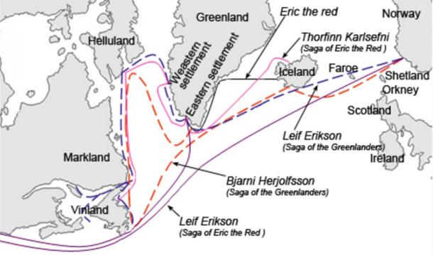 Graphical description of the different sailing routes to Greenland, Vinland (Newfoundland), Helluland (Baffin Island) and Markland (Labrador) travelled by different characters in the Icelandic Sagas, mainly the Saga of Erik the Red and the Saga of the Greenlanders. 