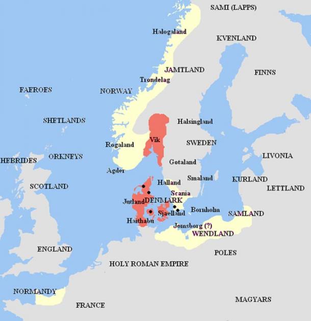 Harald's kingdom in red and his vassals and allies in yellow, as described in medieval Scandinavian sources
